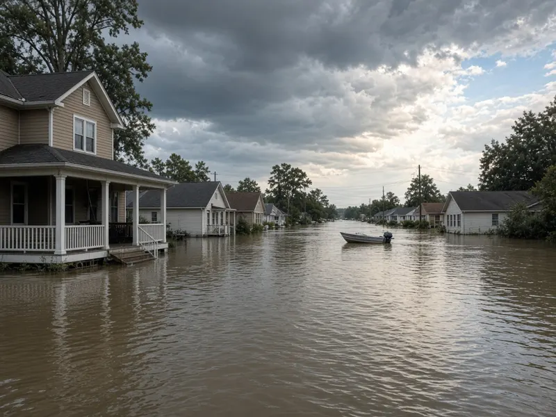 Flooded neighborhood street after a hurricane with a small boat