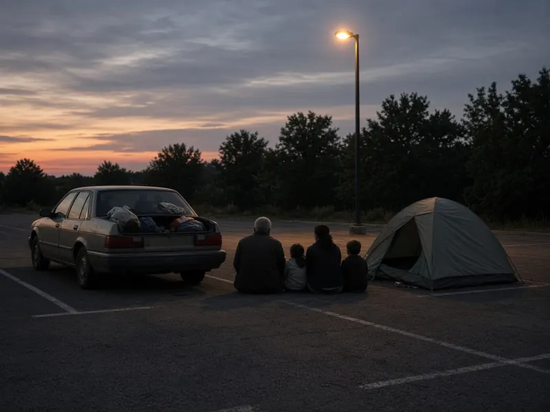 An older man and a family sitting beside a packed car and a small tent in a parking lot at dusk