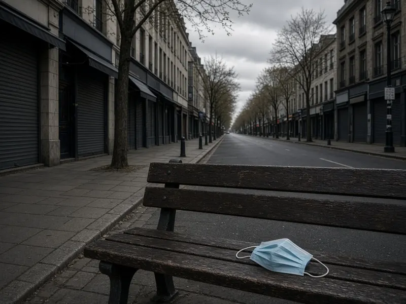 Empty shuttered city street with a face mask left on a bench
