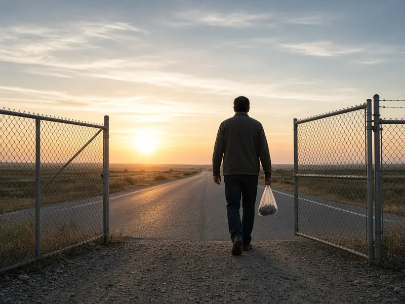 A man walking out through an open gate onto an empty road at sunrise