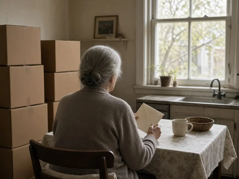 An elderly woman reading a letter at her kitchen table beside stacked moving boxes
