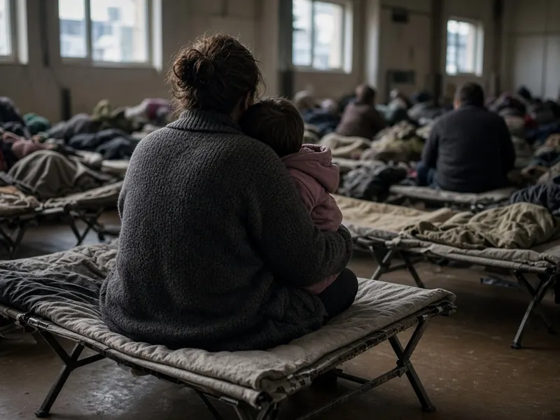 A mother holding her young child on a cot in a crowded shelter hall