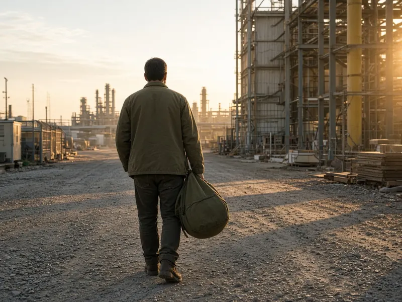 A veteran carrying a duffel bag walking toward a job site at sunrise