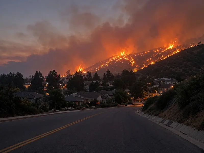 A wildfire burning on a hillside above a neighborhood at dusk
